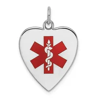 A heart-shaped pendant with a silver-colored border containing a red medical symbol with intertwined snakes and a staff on a white background.