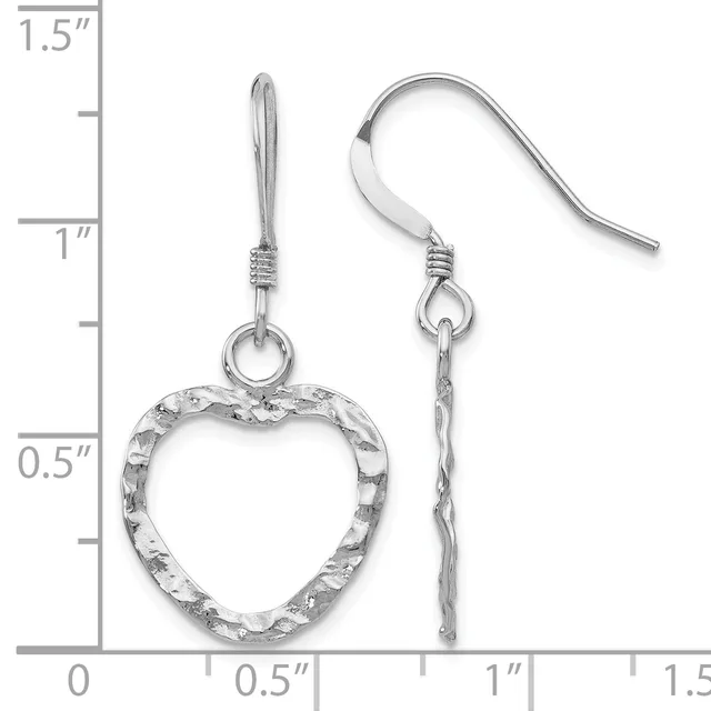 A pair of silver heart-shaped dangle earrings with textured surfaces, shown next to a measurement ruler indicating approximately one and one-half inches in length.
