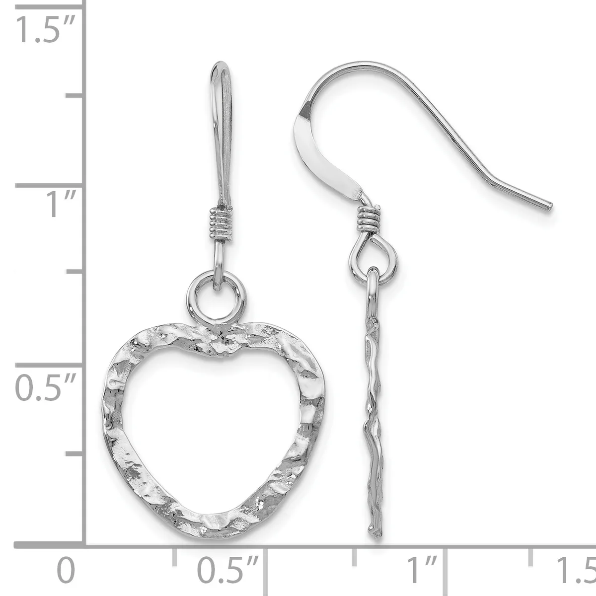 A pair of silver heart-shaped dangle earrings with textured surfaces, shown next to a measurement ruler indicating approximately one and one-half inches in length.