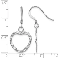 A pair of silver heart-shaped dangle earrings with textured surfaces, shown next to a measurement ruler indicating approximately one and one-half inches in length.