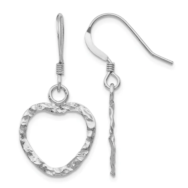 Pair of silver heart-shaped drop earrings with textured surfaces and fish hook ear wires.