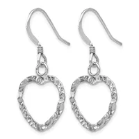 A pair of silver heart-shaped dangle earrings with textured surfaces and fish hook ear wires, shown against a white background.