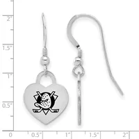 Pair of silver-toned heart-shaped earrings with hockey logo design, shown front and side view with measurement scale indicating approximately one inch length.