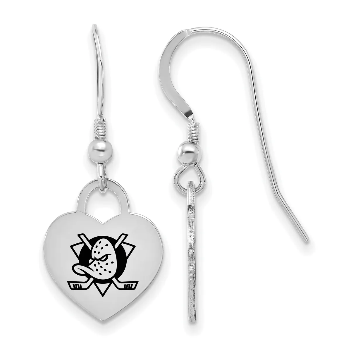 Pair of silver-toned heart-shaped earrings with hockey puck and crossed sticks design, shown from front and side views with French wire hooks.
