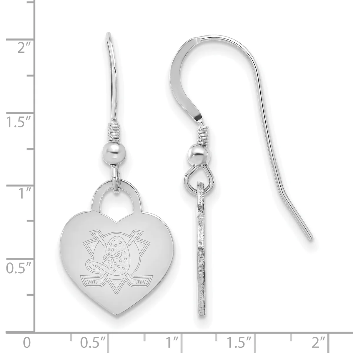 Pair of silver heart-shaped earrings with hockey logo design, shown on measurement scale indicating approximately one inch drop length with fish hook closures.
