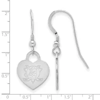 Pair of silver heart-shaped earrings with hockey logo design, shown on measurement scale indicating approximately one inch drop length with fish hook closures.