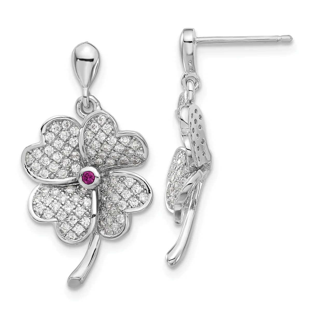 A pair of silver four-leaf clover drop earrings with diamond pave settings and a small ruby stone at the center, shown from front and side views.