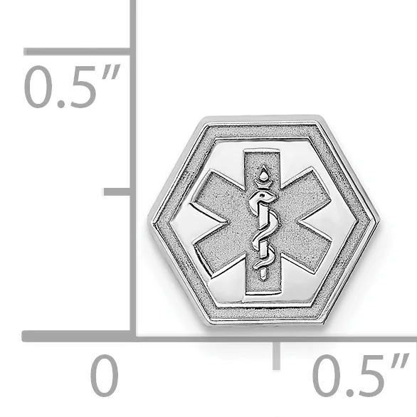 Hexagonal silver medical alert charm with a Star of Life symbol featuring a serpent and staff, shown next to a ruler indicating its size as approximately 0.5 inches.