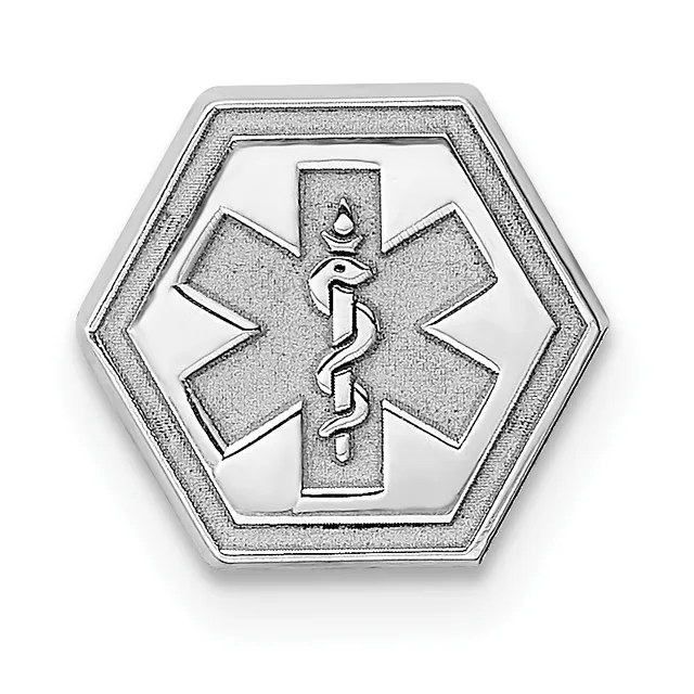 Silver hexagonal medical alert ID tag with the Star of Life symbol featuring a serpent and staff in the center.