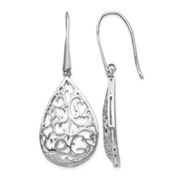 A pair of silver teardrop earrings with ornate filigree cutout designs, shown from front and side views with hook-style ear wires.