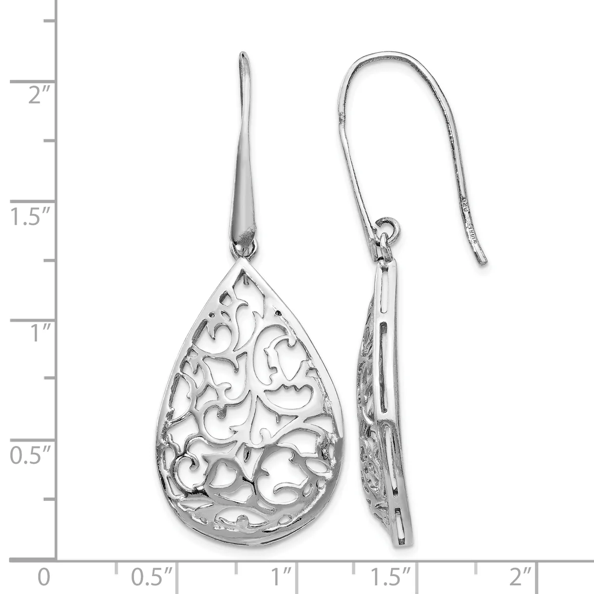 A pair of silver teardrop earrings with ornate filigree designs, shown front and back views against a measurement scale.