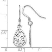 A pair of sterling silver teardrop earrings with openwork filigree detailing, shown on a measurement scale indicating approximately one inch in length.