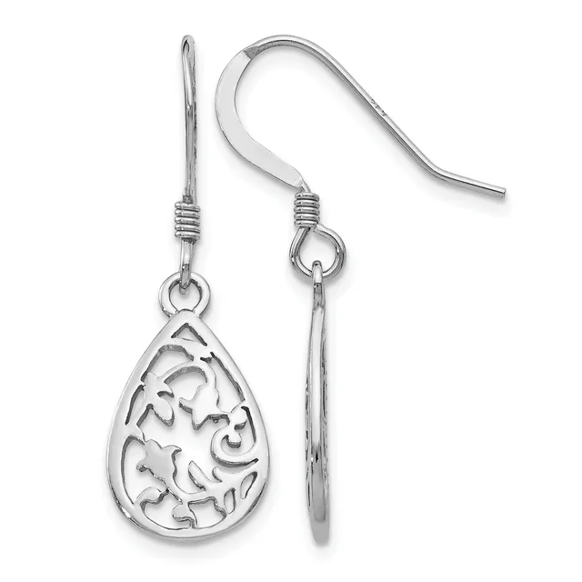 Pair of silver teardrop earrings with ornate filigree cutout design, shown front and back view with fish hook ear wires.