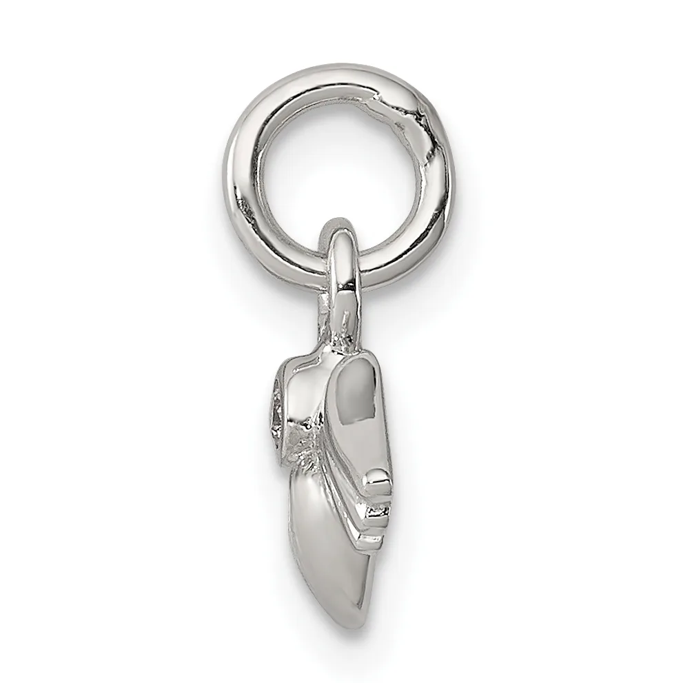Silver shoe charm with detailed sculpting hanging from a split ring, shown against a white background.