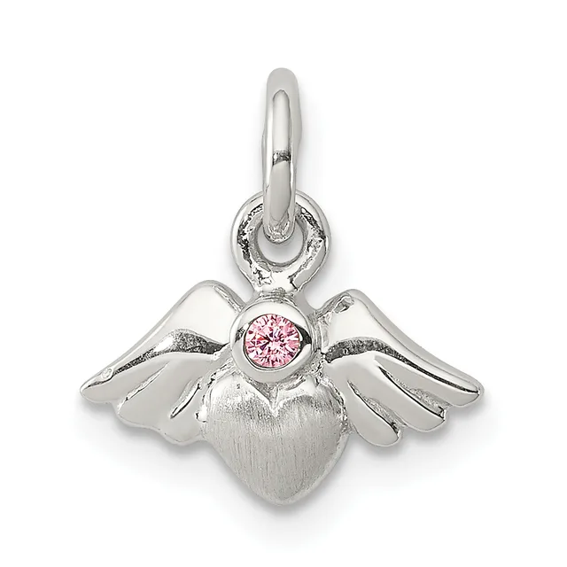 Silver angel wing pendant with a heart at center set with a pink round stone and a looped bail at top.