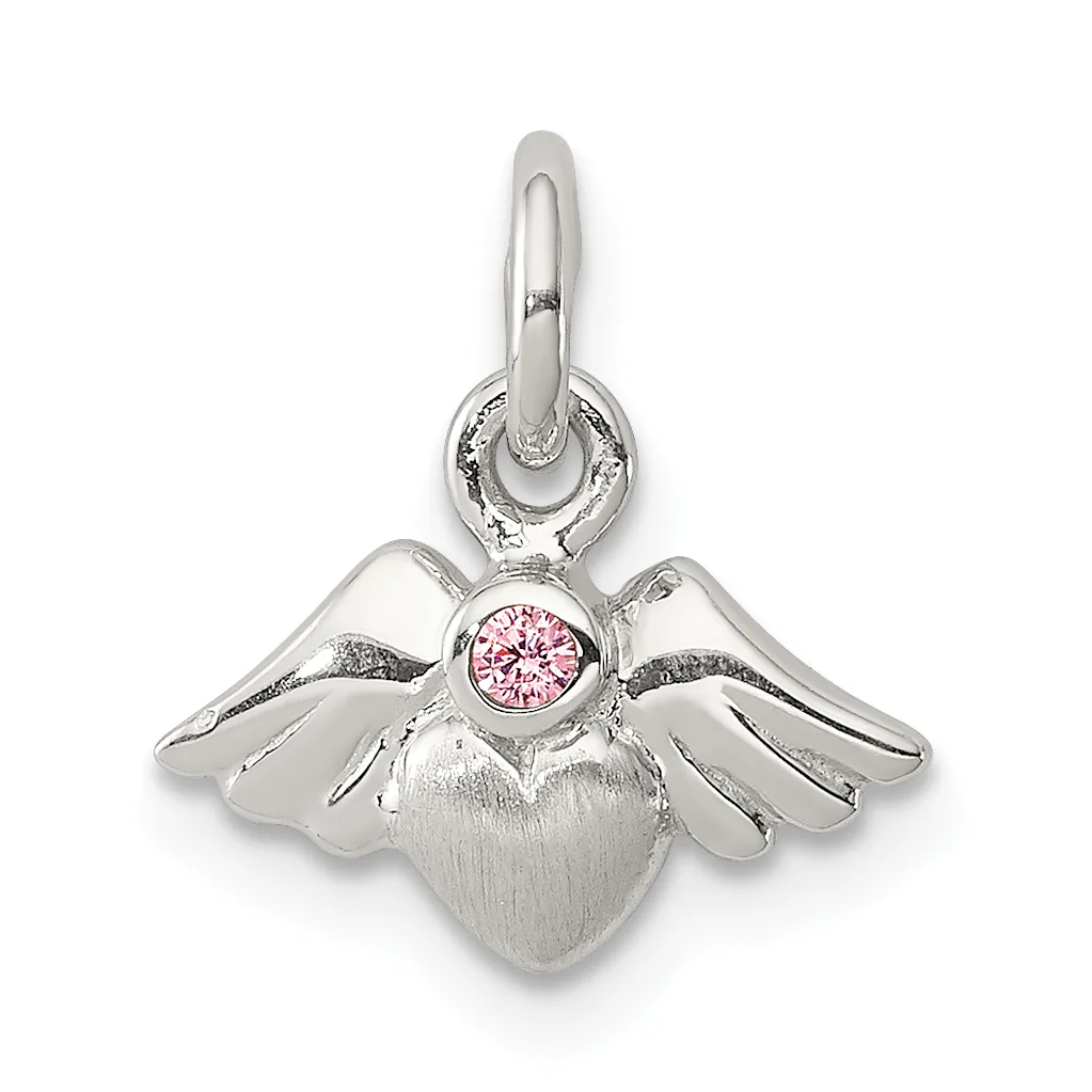 Silver angel wing pendant with a heart at center set with a pink round stone and a looped bail at top.