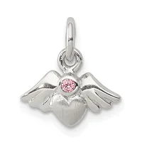 Silver angel wing pendant with a heart at center set with a pink round stone and a looped bail at top.