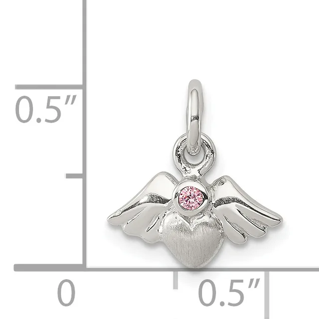 A silver angel wing charm with a pink gemstone in the center and a loop at the top, shown next to a measurement scale indicating it is approximately 0.5 inches wide and tall.