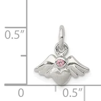 A silver angel wing charm with a pink gemstone in the center and a loop at the top, shown next to a measurement scale indicating it is approximately 0.5 inches wide and tall.