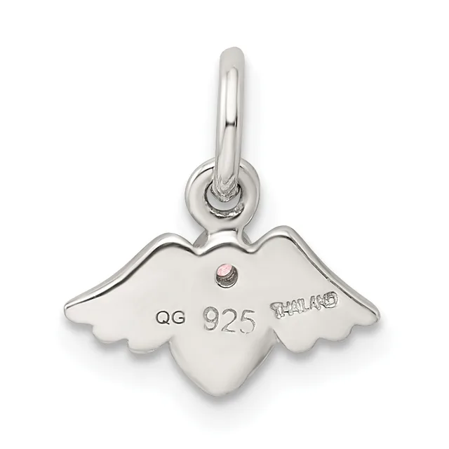Sterling silver angel wing charm with a small pink stone, attached to a bail loop, shown against a white background.
