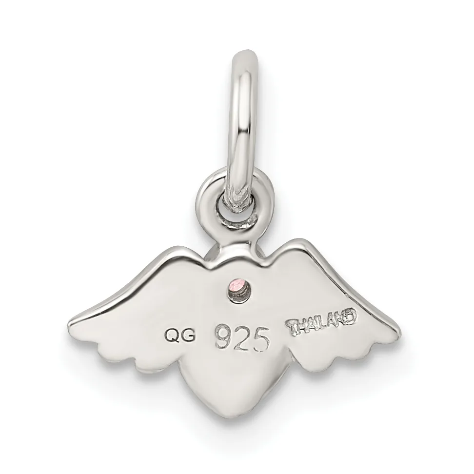 Sterling silver angel wing charm with a small pink stone, attached to a bail loop, shown against a white background.
