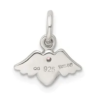 Sterling silver angel wing charm with a small pink stone, attached to a bail loop, shown against a white background.