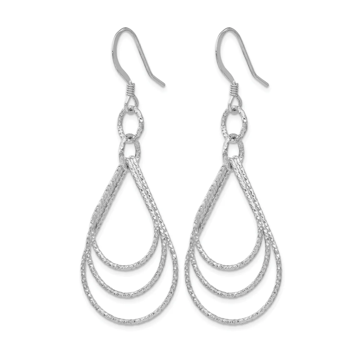 A pair of silver teardrop earrings with triple nested loops and textured surfaces, suspended from fish hook wires.