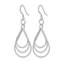 A pair of silver teardrop earrings with triple nested loops and textured surfaces, suspended from fish hook wires.