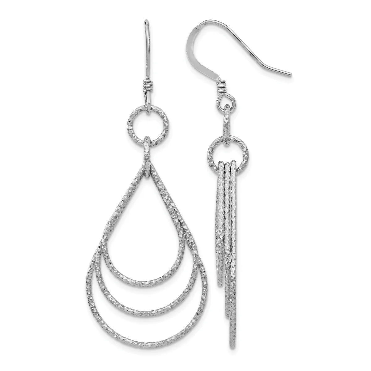 A pair of silver teardrop earrings with textured surfaces and concentric nested loops, shown on french wire hooks against a white background.
