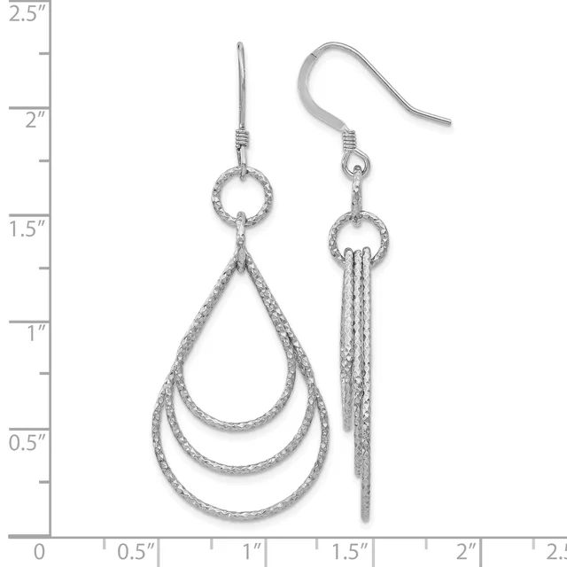 Pair of silver teardrop earrings with textured nested loops and matching hook wires, displayed against a measurement scale showing approximately two inches in length.