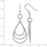 Pair of silver teardrop earrings with textured nested loops and matching hook wires, displayed against a measurement scale showing approximately two inches in length.