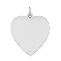A polished silver heart-shaped pendant with a small loop at the top and a stamped hallmark on the lower portion.
