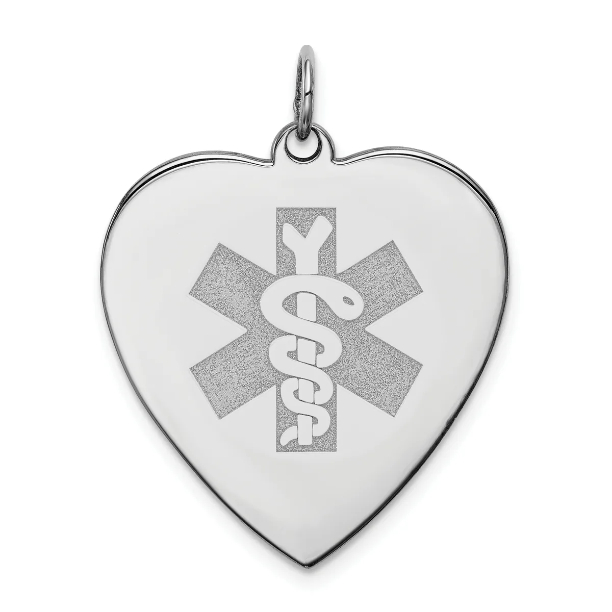 Silver heart-shaped medical alert pendant with a star of life symbol and serpent staff engraved on the front, suspended from a small loop.