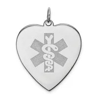 Silver heart-shaped medical alert pendant with a star of life symbol and serpent staff engraved on the front, suspended from a small loop.