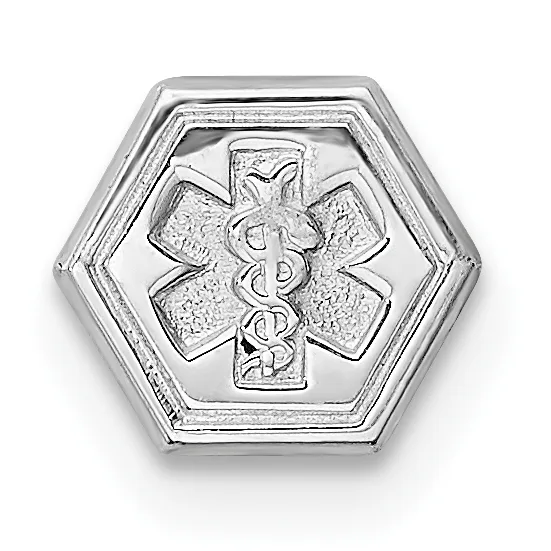 A hexagonal silver medical alert charm with the Rod of Asclepius symbol embossed in the center, shown against a white background.