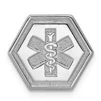 Hexagonal silver medical alert pendant featuring a centered Star of Life symbol with intertwined serpents, surrounded by textured and polished metal borders.