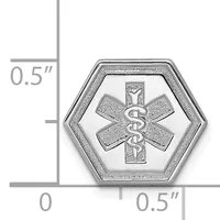 Hexagonal silver medical alert pendant with Star of Life symbol and two intertwined snakes, shown next to a ruler indicating approximately 0.5 inches in width.
