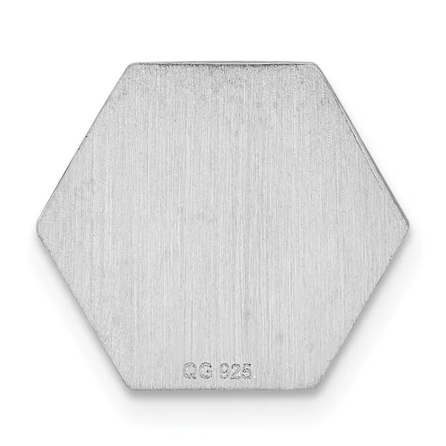 A brushed silver hexagonal pendant with a small stamped hallmark at the bottom.