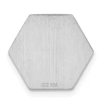 A brushed silver hexagonal pendant with a small stamped hallmark at the bottom.