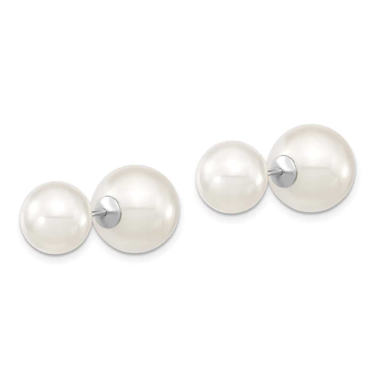 Two pairs of white pearl stud earrings in varying sizes, each featuring a smaller pearl connected to a larger pearl by a metal post and backing.
