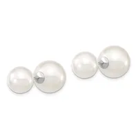 Two pairs of white pearl stud earrings in varying sizes, each featuring a smaller pearl connected to a larger pearl by a metal post and backing.