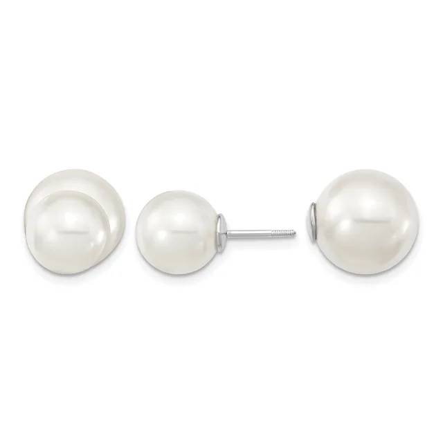 Three white pearl stud earrings displayed against a white background, showing two pairs of different sizes with silver posts and backs.