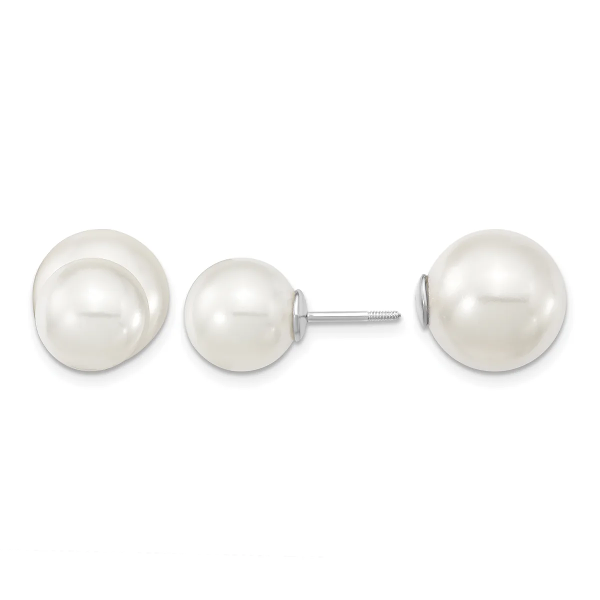 Three white pearl stud earrings displayed against a white background, showing two pairs of different sizes with silver posts and backs.