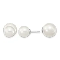Three white pearl stud earrings displayed against a white background, showing two pairs of different sizes with silver posts and backs.