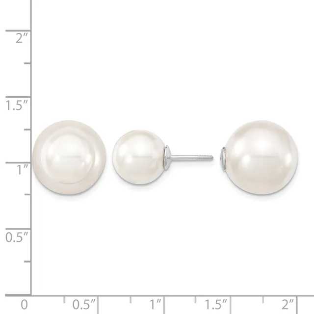 Two white pearl stud earrings shown next to each other on a measurement scale, displaying their spherical shape and lustrous surface.