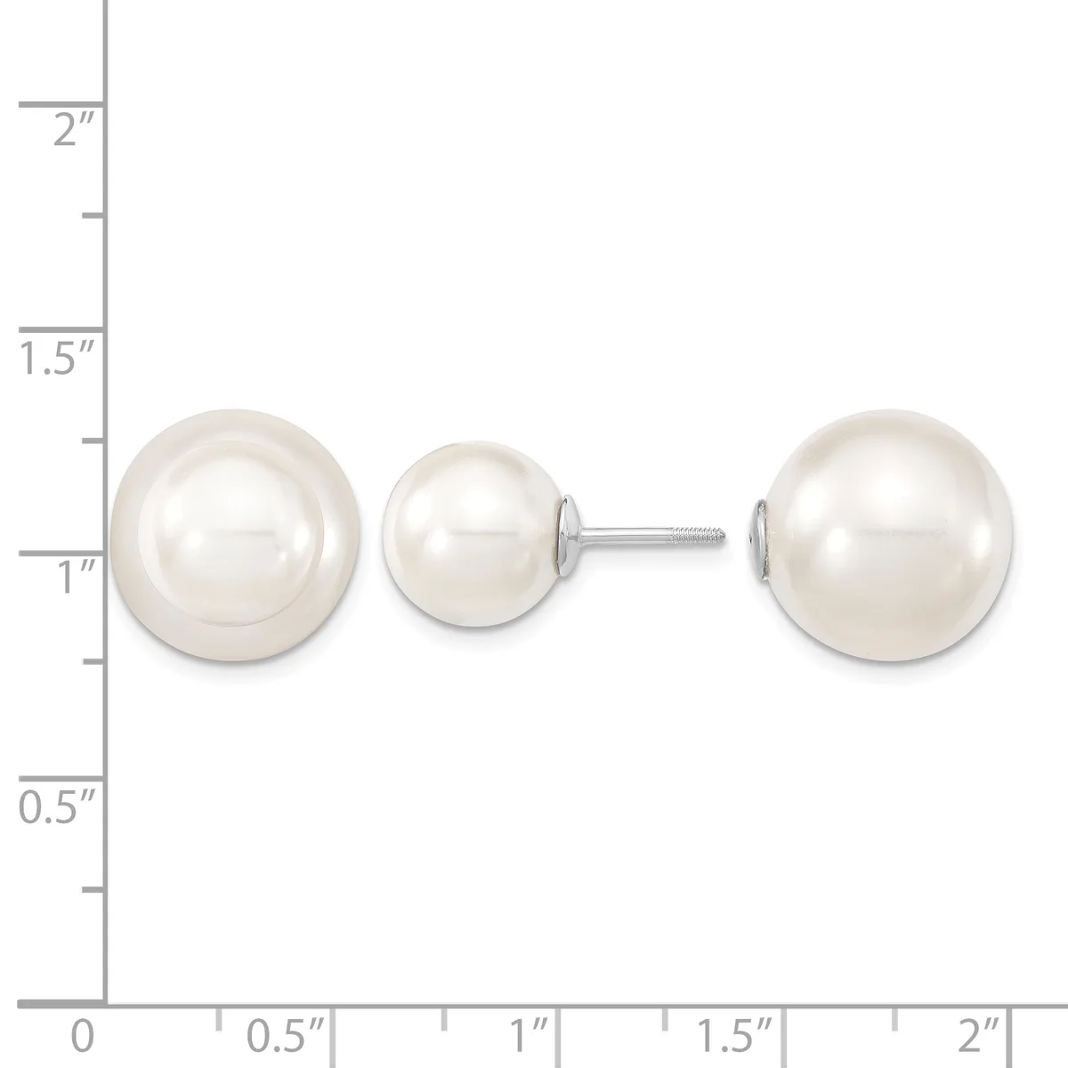 Two white pearl stud earrings shown next to each other on a measurement scale, displaying their spherical shape and lustrous surface.