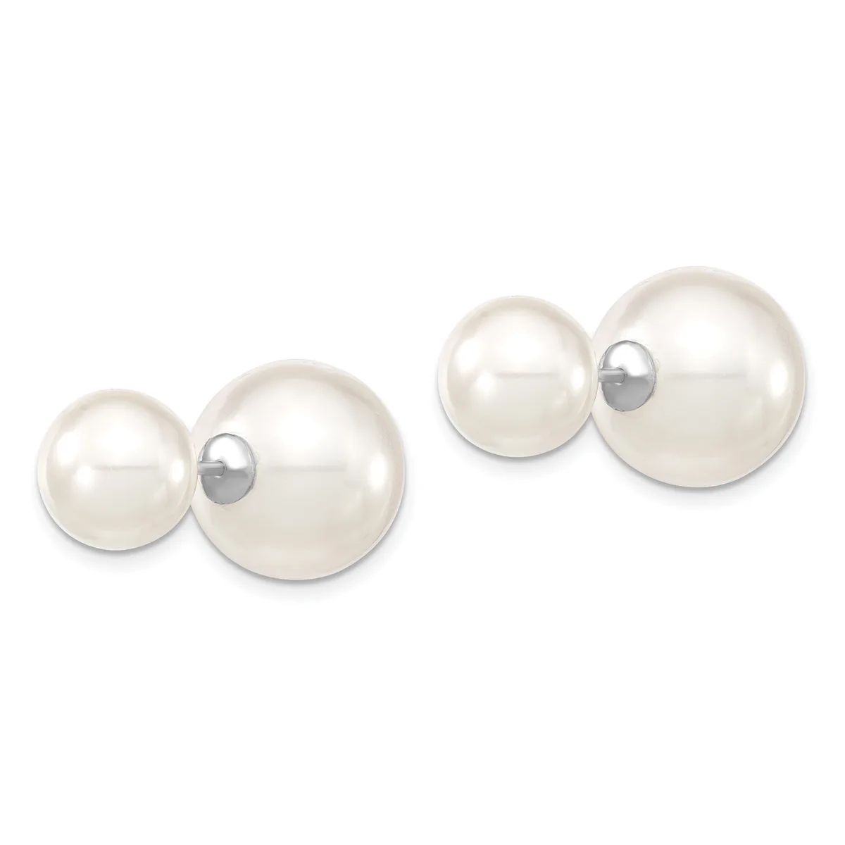 Two pairs of pearl stud earrings in varying sizes, each featuring a smaller pearl paired with a larger pearl connected by a metal post.