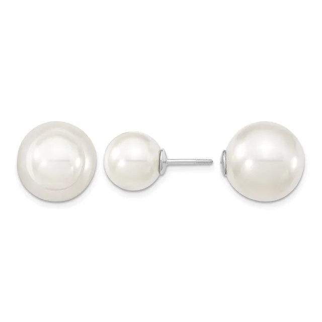 Three white pearl stud earrings displayed against a white background, showing two larger pearls and one smaller pearl with visible silver posts and backs.