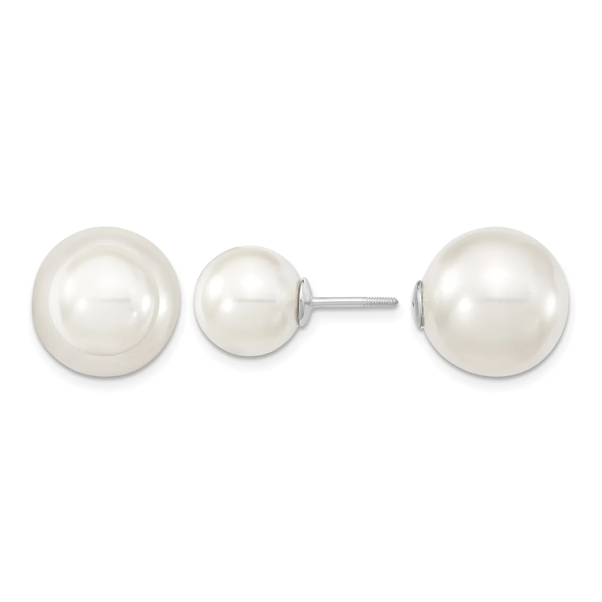 Three white pearl stud earrings displayed against a white background, showing two larger pearls and one smaller pearl with visible silver posts and backs.