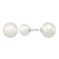 Three white pearl stud earrings displayed against a white background, showing two larger pearls and one smaller pearl with visible silver posts and backs.
